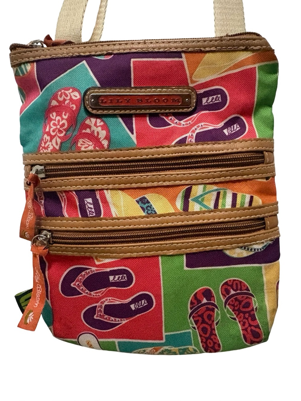 Lily Bloom Colorful Flip-Flop Print Crossbody with Tan Trim